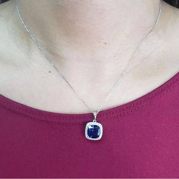 💙 Cushion Cut Blue Sapphire Cz Diamond Halo Necklace - Picture 9 of 14